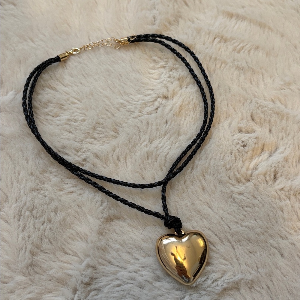 Black Braided Necklace with Gold Heart Pendant